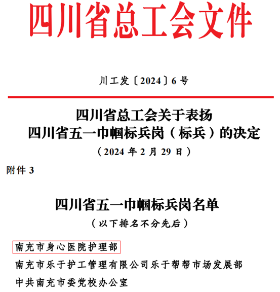 南充市身心醫院護理部喜獲“四川省‘五一’巾幗標兵崗”榮譽稱號