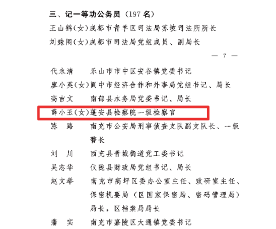 南充市蓬安县检察院干警薛小玉被中共四川省委四川省人民政府表彰为记